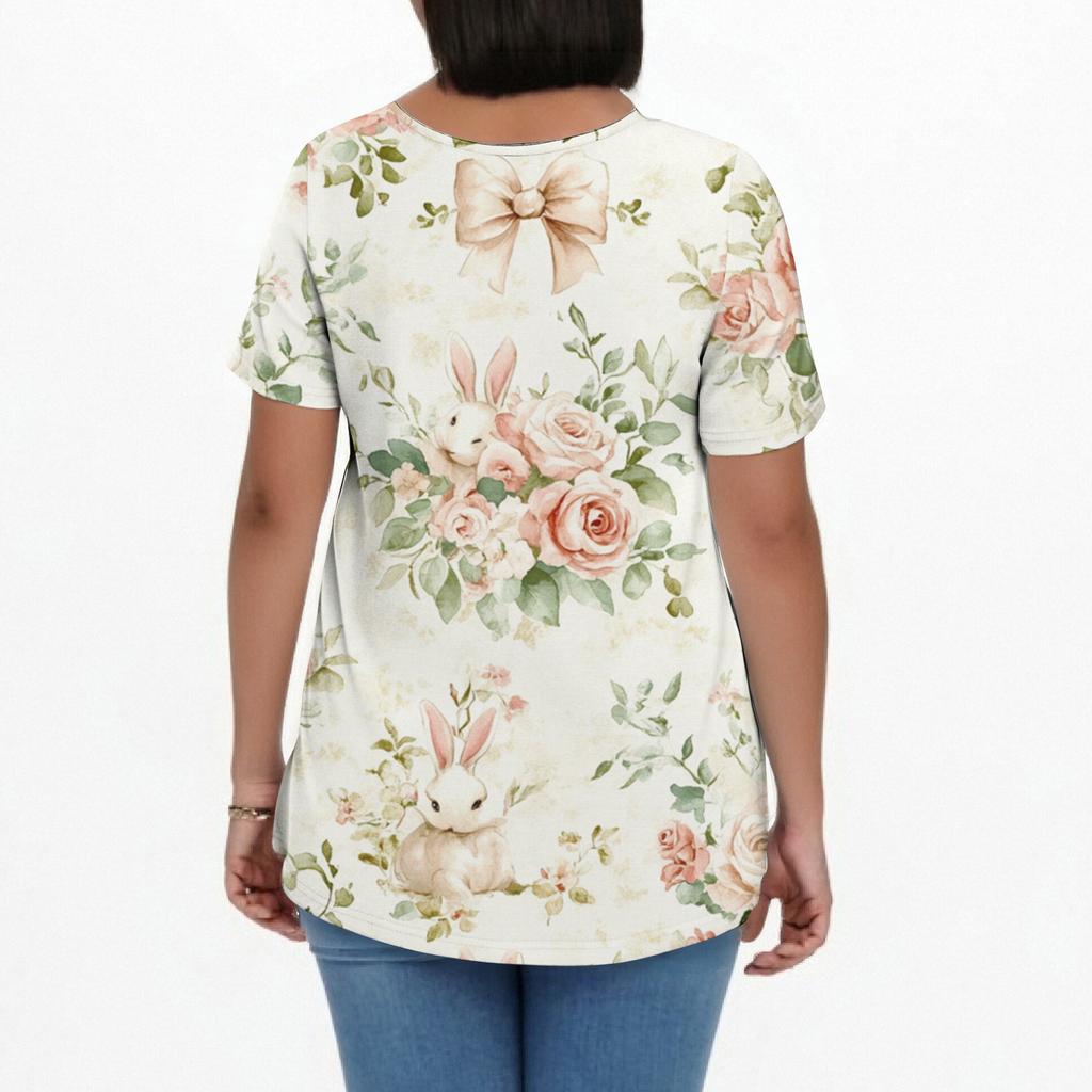 Women's Fashion Casual V-Neck Pullover Short Sleeve Large Size Easter Printed Top