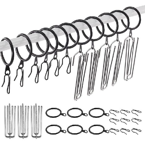 Swpeet 120Pcs Black 1.35 Inch - 30mm Metal Drapery Curtain Rings Curtain Hanging Rings and Stainless Steel 4 Prongs Pinch Pleat Hook with Drapery
