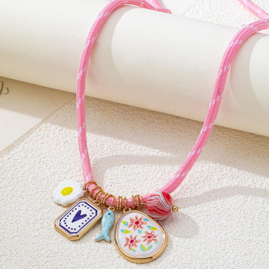 Dopamine Color Print Love Beach Vacation Pearl Geometric Multi-Element Pendant Necklace