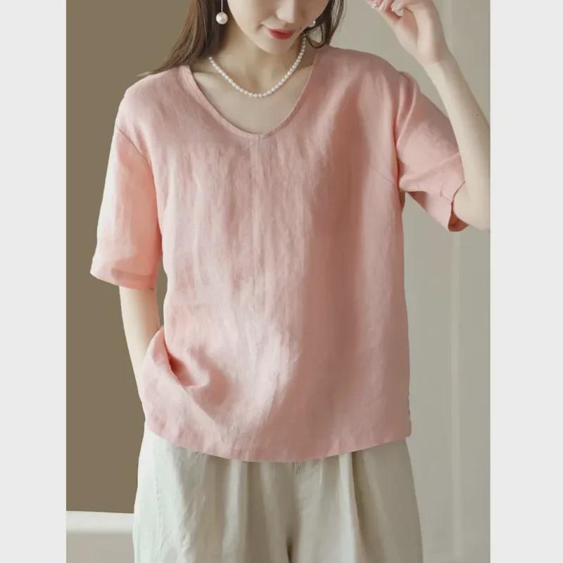 

Женский ретро-топ из хлопка и льна с V-образным вырезом и короткими рукавами XL розовый