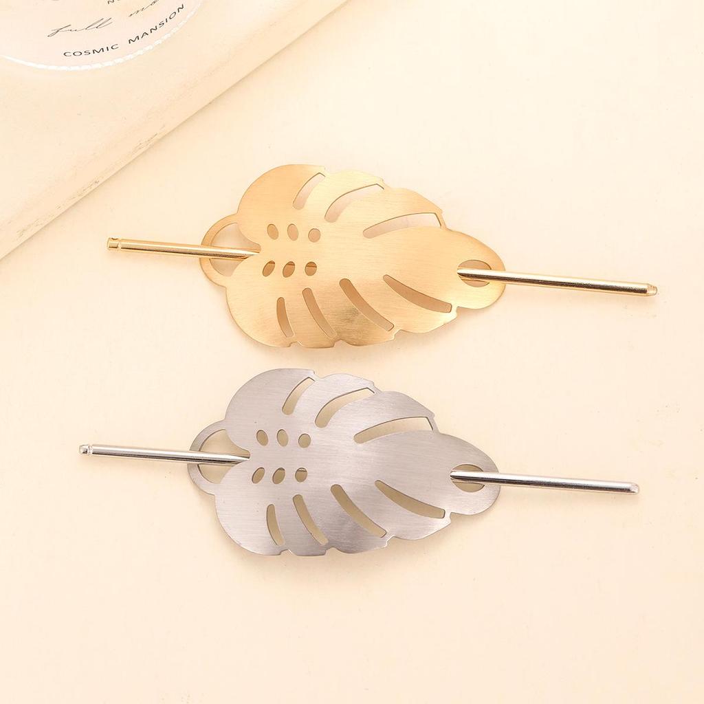 Polished Metal Leaf Hairpin - Women's Hollow Out Brushed Headwear Accessory