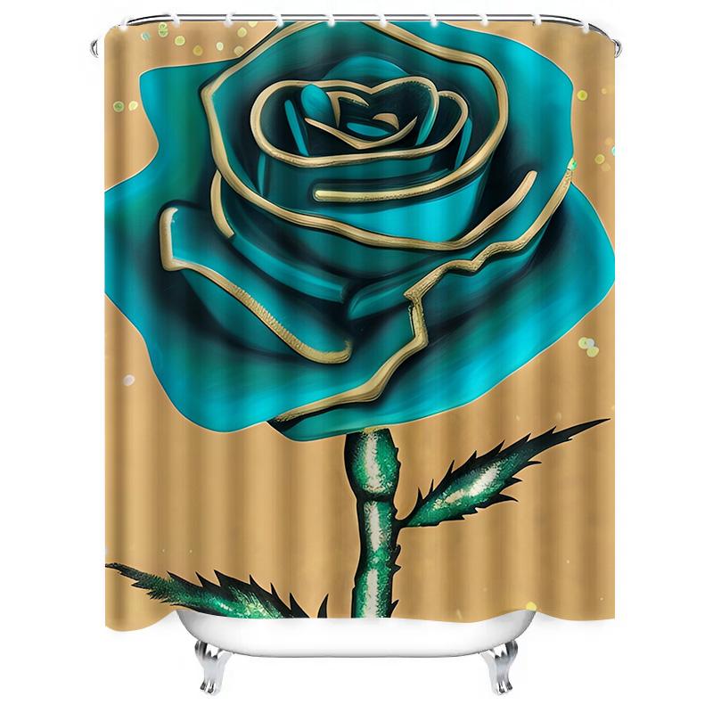 Teal Rose Shower Curtain - Luxurious Gold-Trimmed Floral Design For A Waterproof And Unique Bathroom Dcor Set