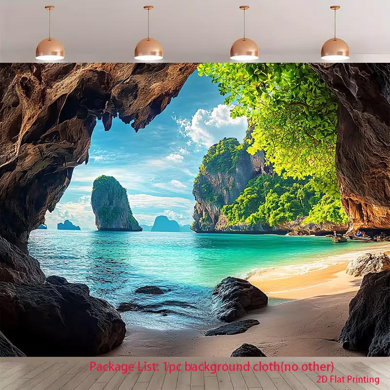 2D Cave Arch Frame Thailand Phuket Limestone Cliff Island Turquoise Sea Beach Backdrop Tropical Wall Tapestry 47.2x31.5inch/120*80cm