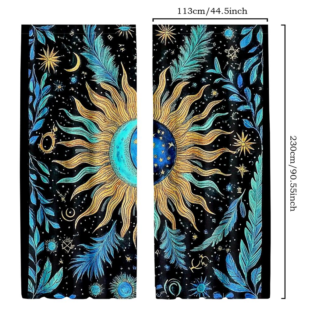 2pcs Astrology-Themed Blackout Curtains, Moon Phase & Feather Print, Polyester Drapes in Blue and Black, Bedroom Curtains|Moon P