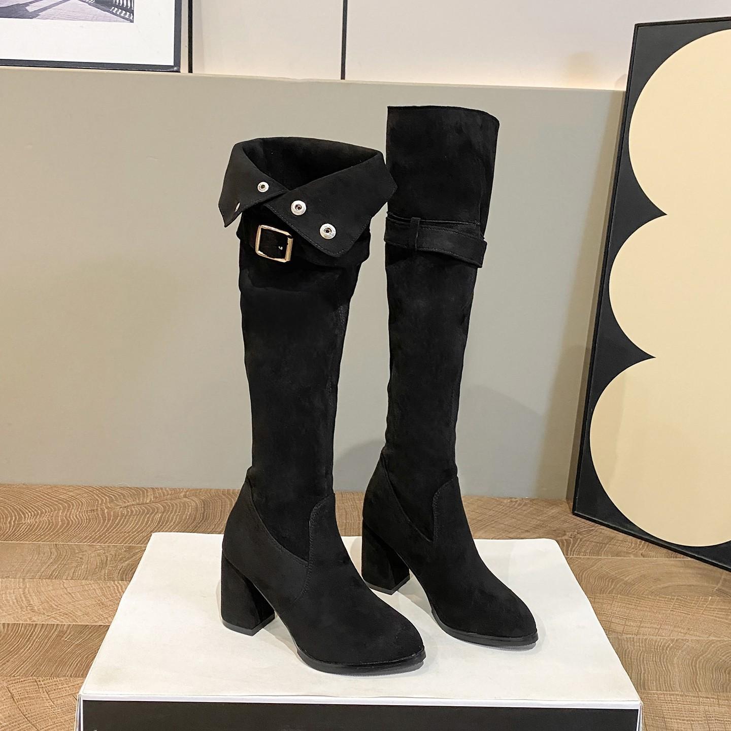 

Осень новые носки сапоги длинные сапоги женские толстый каблук средний каблук эластичные тонкие сапоги острый носок сапоги выше колена большой размер 41