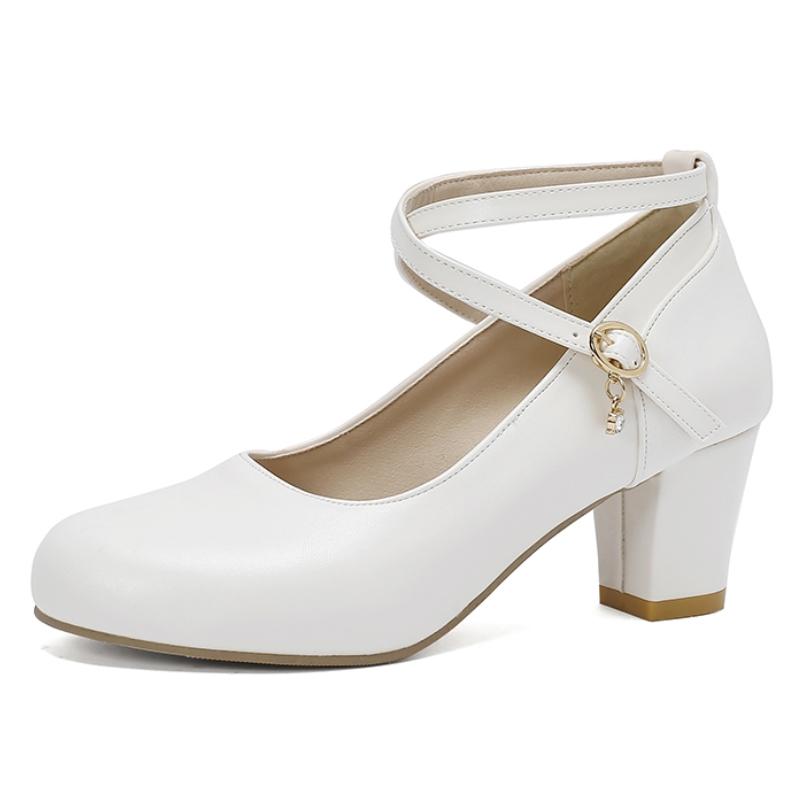 

Женские туфли Мэри Джейн на среднем белом каблуке 2025 Весна ремешок на щиколотке черные на каблуке офисные свадебные танцевальные туфли туфли-лодочки элегантные 38 белый