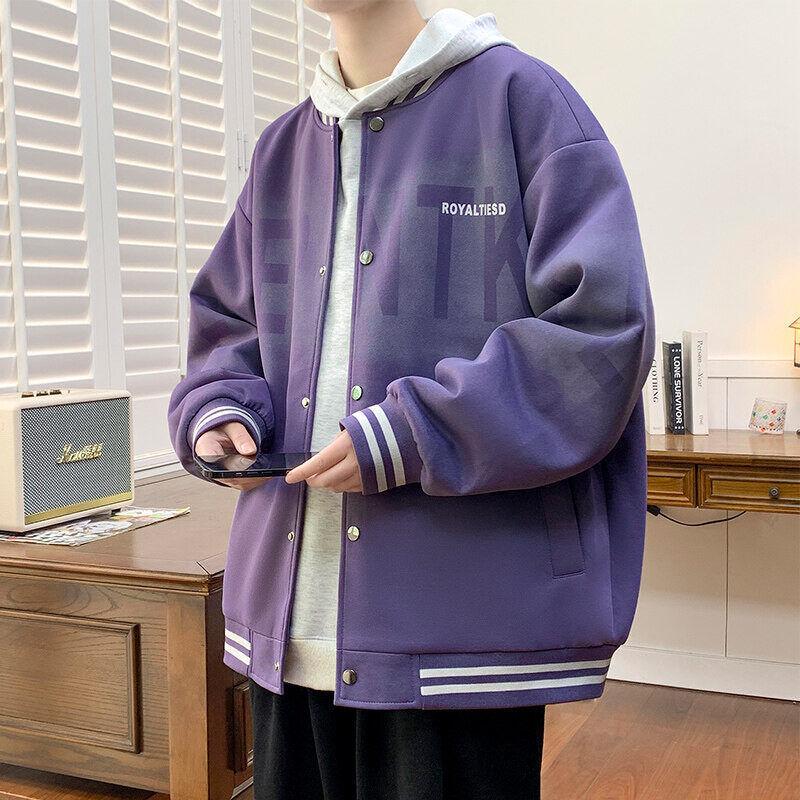 Men's Spring/Fall American Baseball Jacket: Trendy Hong Kong Style for Teens with Round Neck and Stylish Print