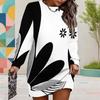 Women Plus Size Round Neck Long Sleeve Black White Floral Printed Ribbed Cuffs Mini Sweatshirt Dress