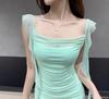 Elegant French Fairy Mesh Camisole Maxi Dress - Travel, Resort, Pleated, Cinched Waist, Hip-Hugging Mermaid Style for Women.