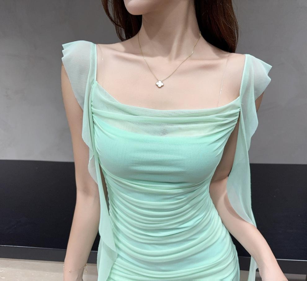 Elegant French Fairy Mesh Camisole Maxi Dress - Travel, Resort, Pleated, Cinched Waist, Hip-Hugging Mermaid Style for Women.