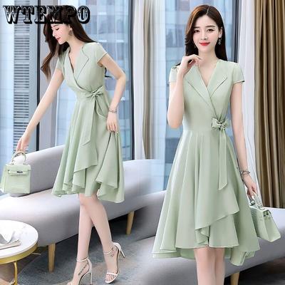 Women V-neck Short Sleeve Bandage Oversized Dress Ladies Chiffon Solid Color A-line Lace Up Mini Skirt