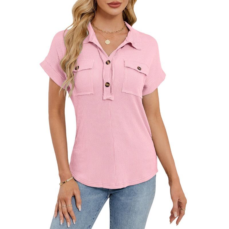 Summer New Women's Lapel Pocket Short-sleeved Solid Color T-shirt Casual Versatile Top