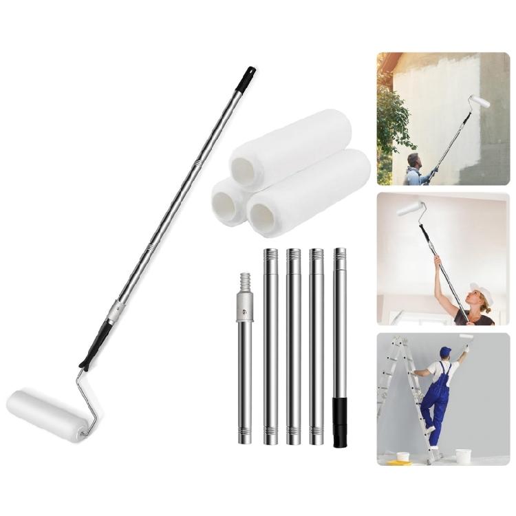 Telescopic Stainless Steel Paint Roller Set Wall Painting Tool with 3 Brush Heads for Furniture Wall Projects Enduring