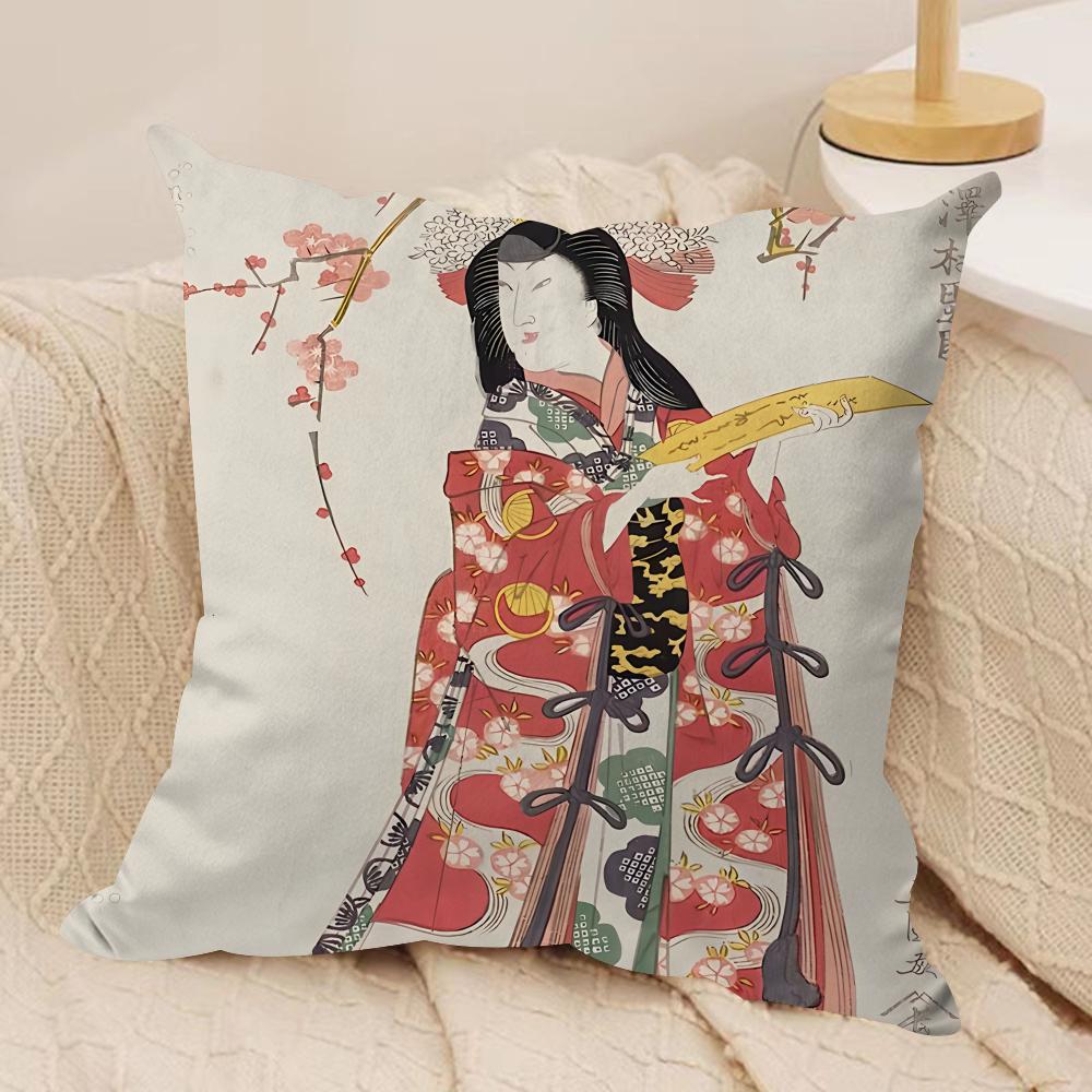 Retro Japanese Geisha Cushion Cover Silky Short Plush Invisible Zipper Dustproof Sofa Pillow Case For Home Decor