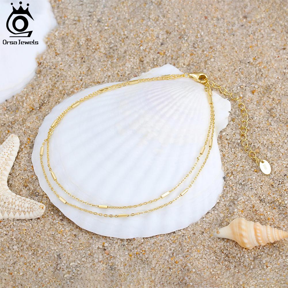 ORSA JEWELS S925 Silver Ankle Bracelet Summer Cable Chain Anklet Layered Dainty Cute Adjustable Beach Foot Jewelry SA35
