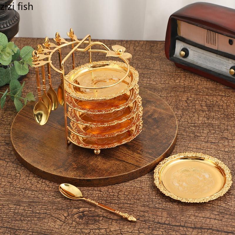 Golden Metal Dessert Plate Snack Plates 6-piece Set Cup Saucer Storage Rack Tasting Plate Cake Plates Fruit Bowl Dim Sum Dish