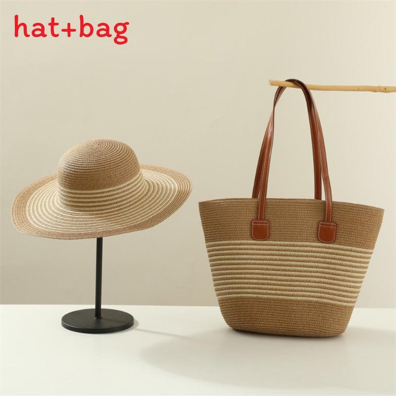 Woven Sun Hat And Large Capacity Straw Tote With Striped Pattern For Travel And Casual Wear