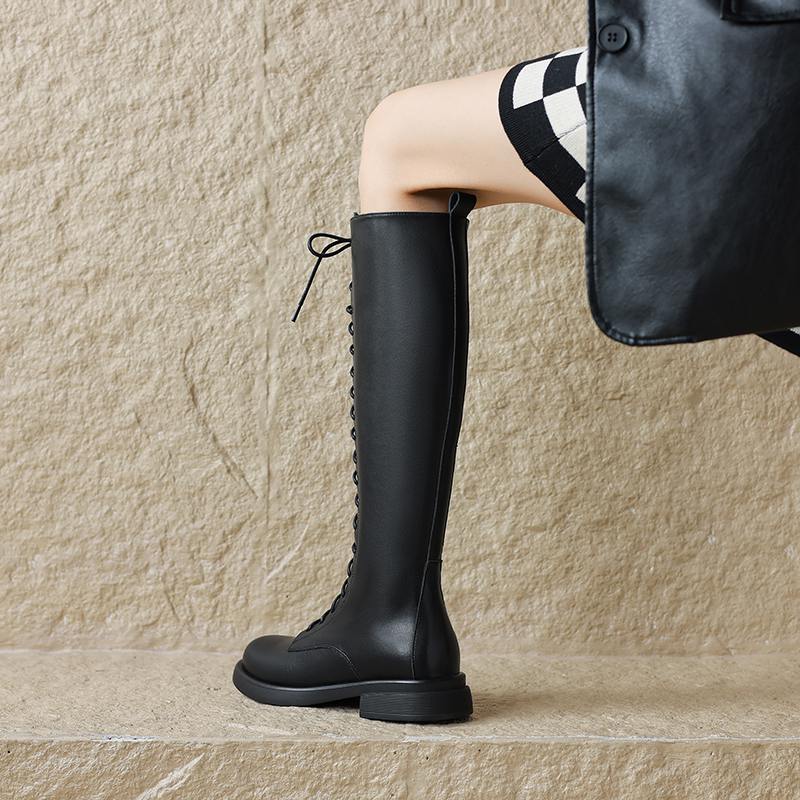 Krazing Pot Cow Split Skin Autumn Winter Shoes Concise Thick Heels Size 41 Thigh High Boots Keep Warm Round Toe Slip On Retro Knee Boots