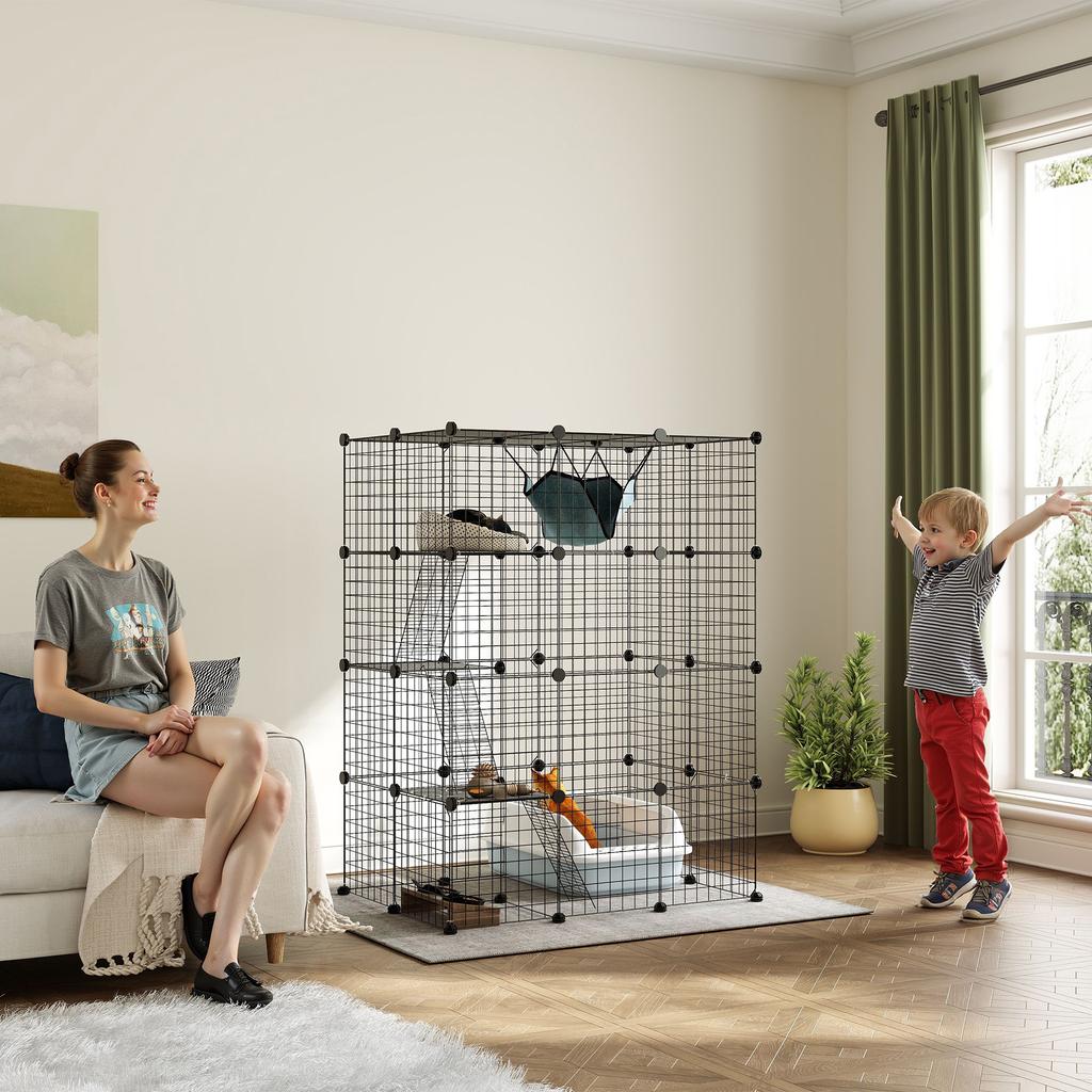 Four-Tier DIY Large Cat Cage with Hammock, Ramps, Five Doors, Indoor Use for 1-3 Cats, Black