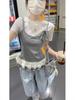 Morning Bloom Patchwork Ruffle Hem Short-Sleeve T-Shirt for Women