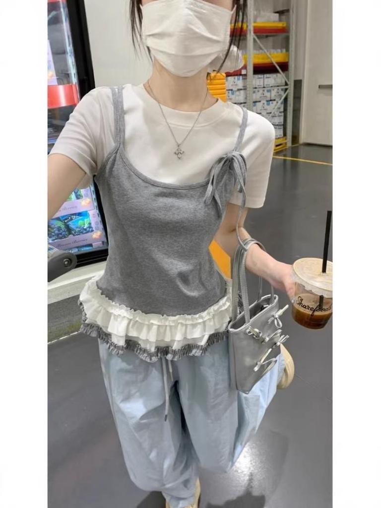 Morning Bloom Patchwork Ruffle Hem Short-Sleeve T-Shirt for Women