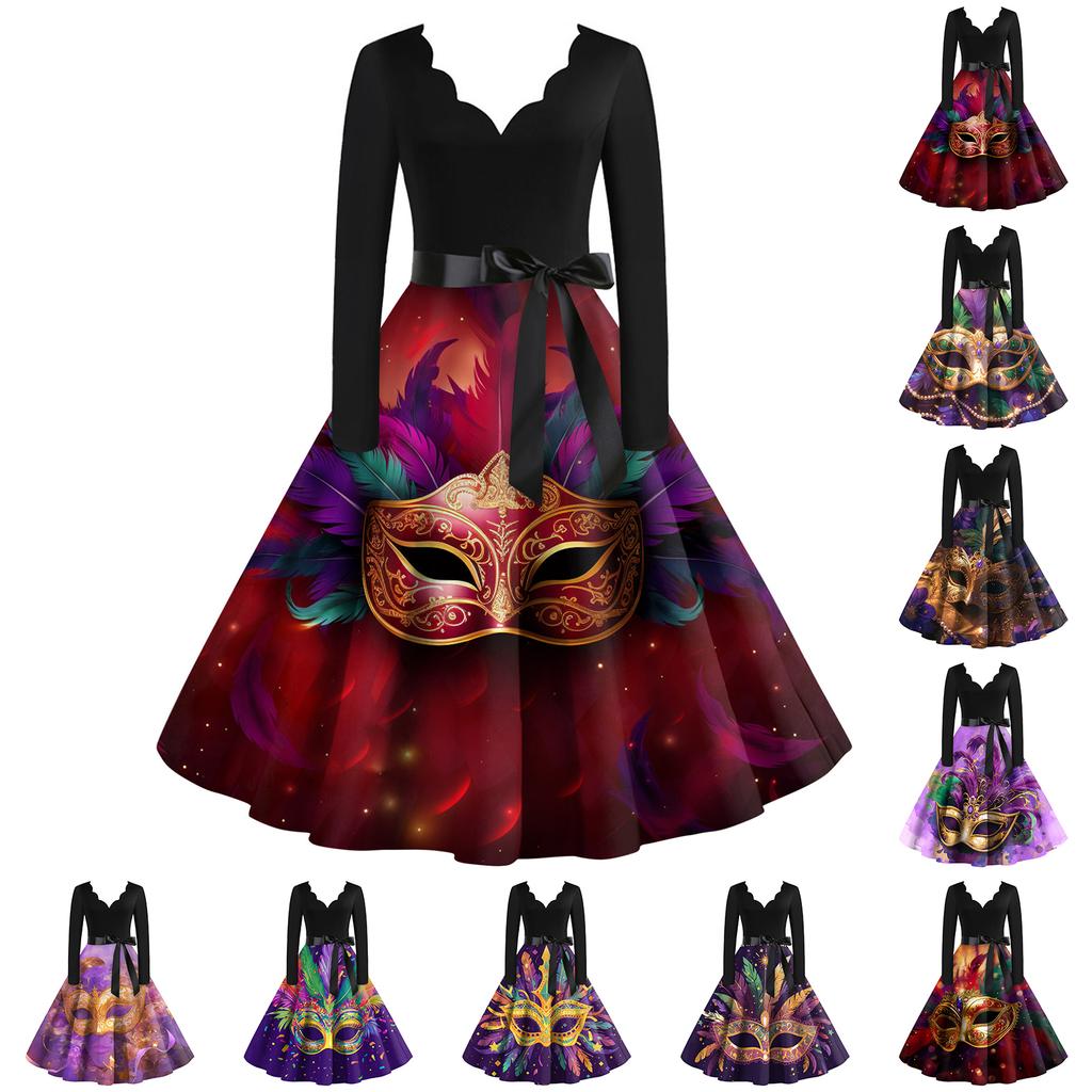 Women's Casual Fashion V Neck Long Sleeve Printed Vintage Long Dress