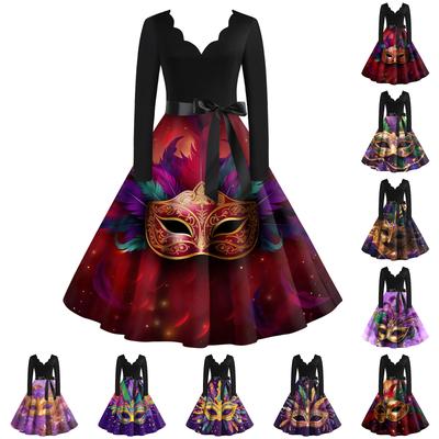 Damen Casual Mode V-Ausschnitt Langarm Bedruckt Vintage Langes Kleid