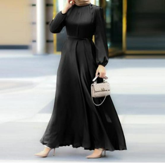 Women's Elegant Round Neck Lantern Sleeve Tie-Waist Slimming Robe Dress