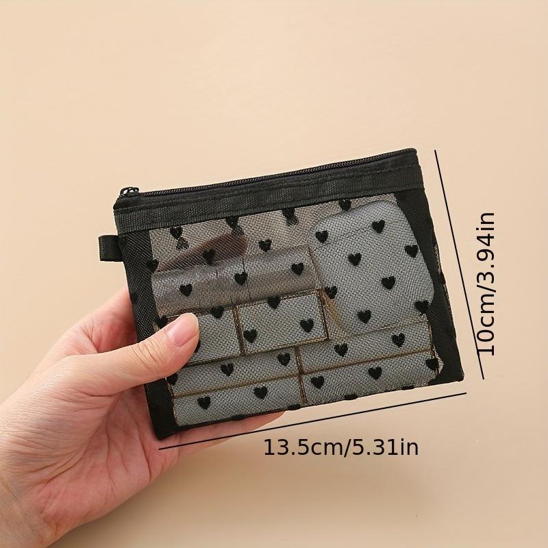 

Trendy Mesh Heart Cosmetic Bag, Portable Zipper Toiletry Organizer, Perfect Lipstick Bag Coin Bag Carry-on Storage Bag S чёрный