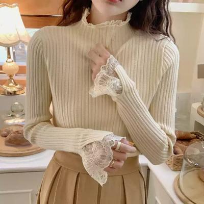 Jaro Podzim Polorolák Nový Krajkový Svetr Dlouhý Rukáv Svetr Módní Dlouhý Rukáv Dámský Pletený Základní Tričko Elegantní Jednoduchý Slim Fit Top
