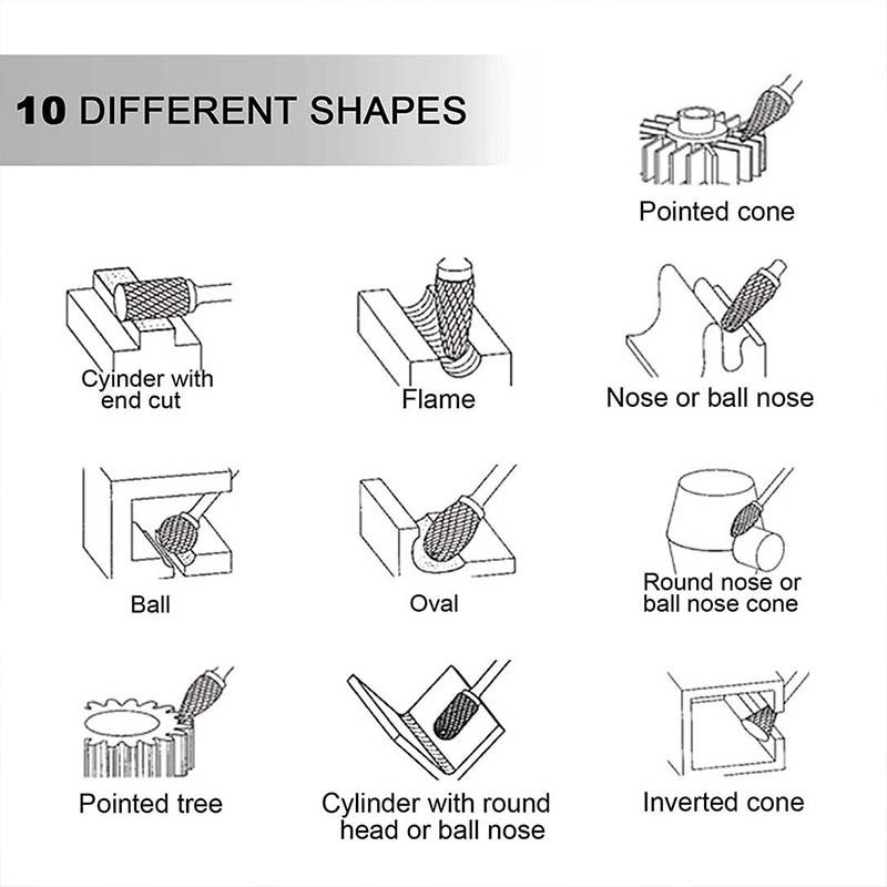 10 Pcs 1/8" Shank Tungsten Carbide Milling Cutter Rotary Tool Burr Double Diamond Cut Rotary Dremel Tools Electric Grinding