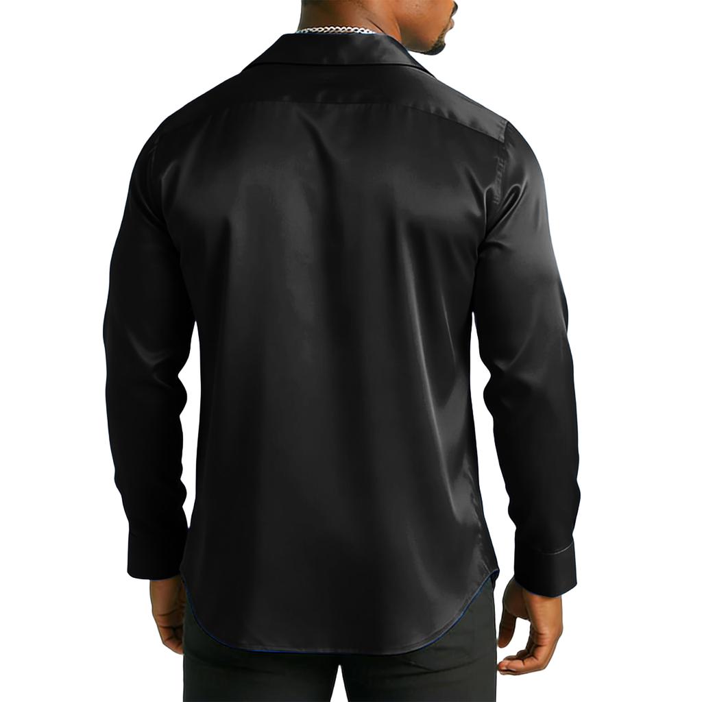 Męska Koszula Satynowa Jedwabna Błyszcząca Satyna Długi Rękaw Kołnierzyk Na Guziki Koszule Eleganckie Party Studniówka Ślubne Góry