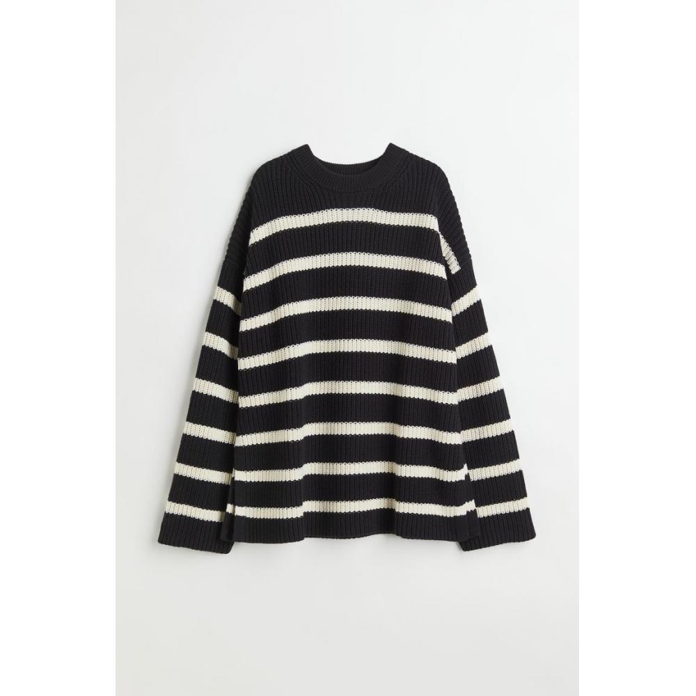 

H M oversized double knit sweater black white stripe