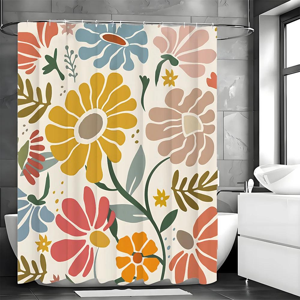 Barevný květinový sprchový závěs, Dekorativní sprchový závěs do koupelny, Vodotěsný sprchový závěs s háčky
