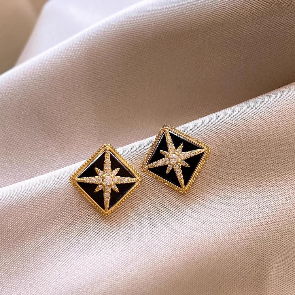 French Black Zirconia Starburst Stud Earrings for Women - Elegant and Versatile Design