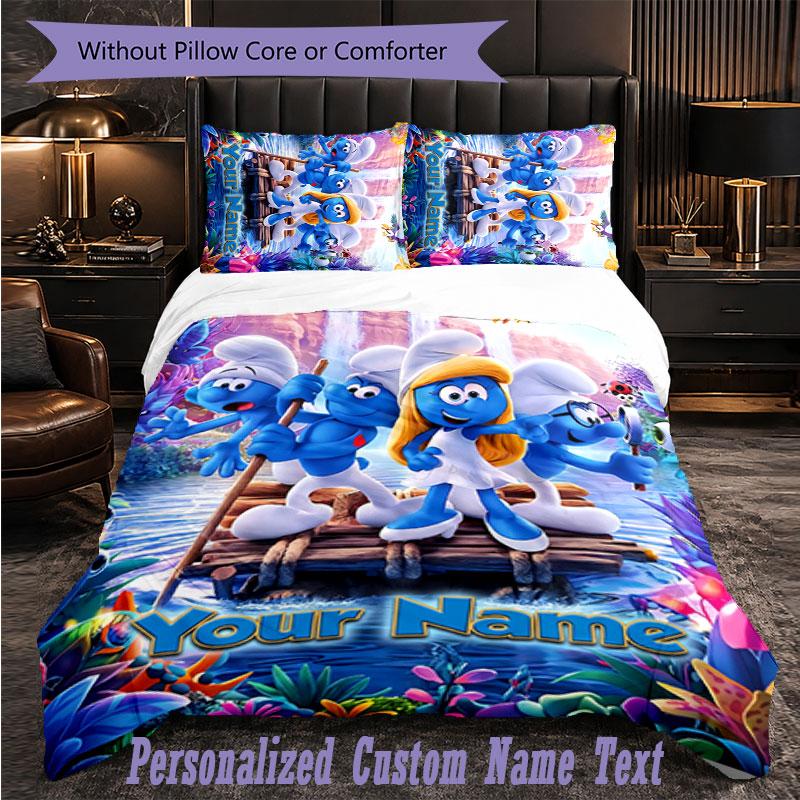Personalized 3Pcs Bedding SetSmurfs Custom Text Duvet Cover Pillowcase Set Bedroom Gift