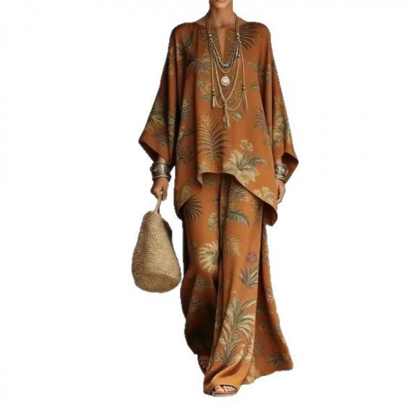 New round neck bat sleeve printed loose set bohemian lazy casual two-piece set
