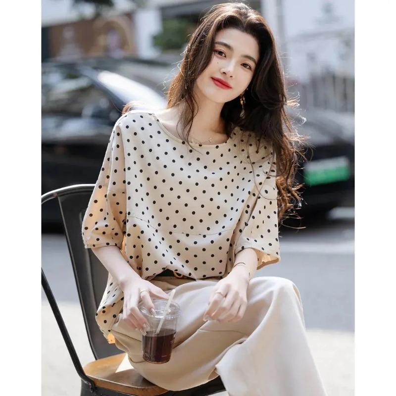 Women Beige Black Polka Dot Puff Sleeve Loose Blouse