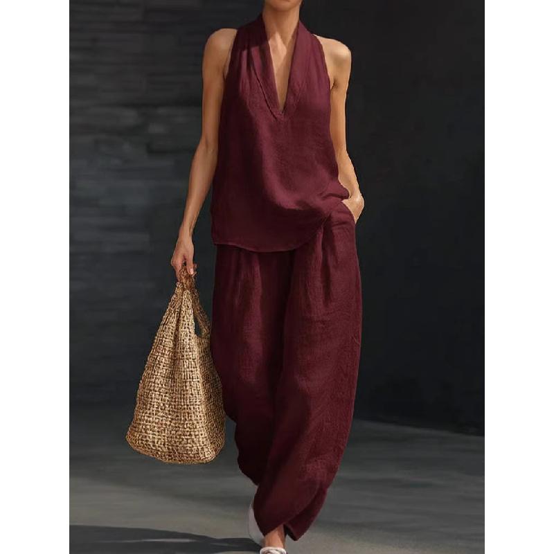 2026 Summer Women's Solid Color Halter Neck V-Neck Sleeveless Casual Suit