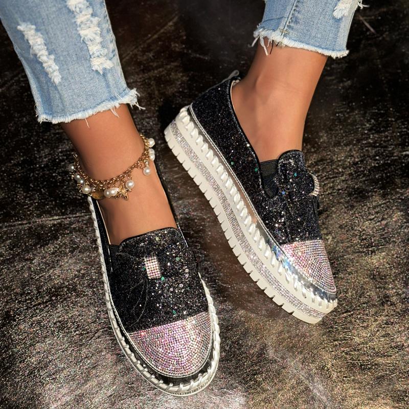 Fashion Brand Design Glitter Bowknot Loafers Women 2025 Summer Comfort Soft Sole Slip On Casual Shoes Luxury Sequin Cloth Sneakers