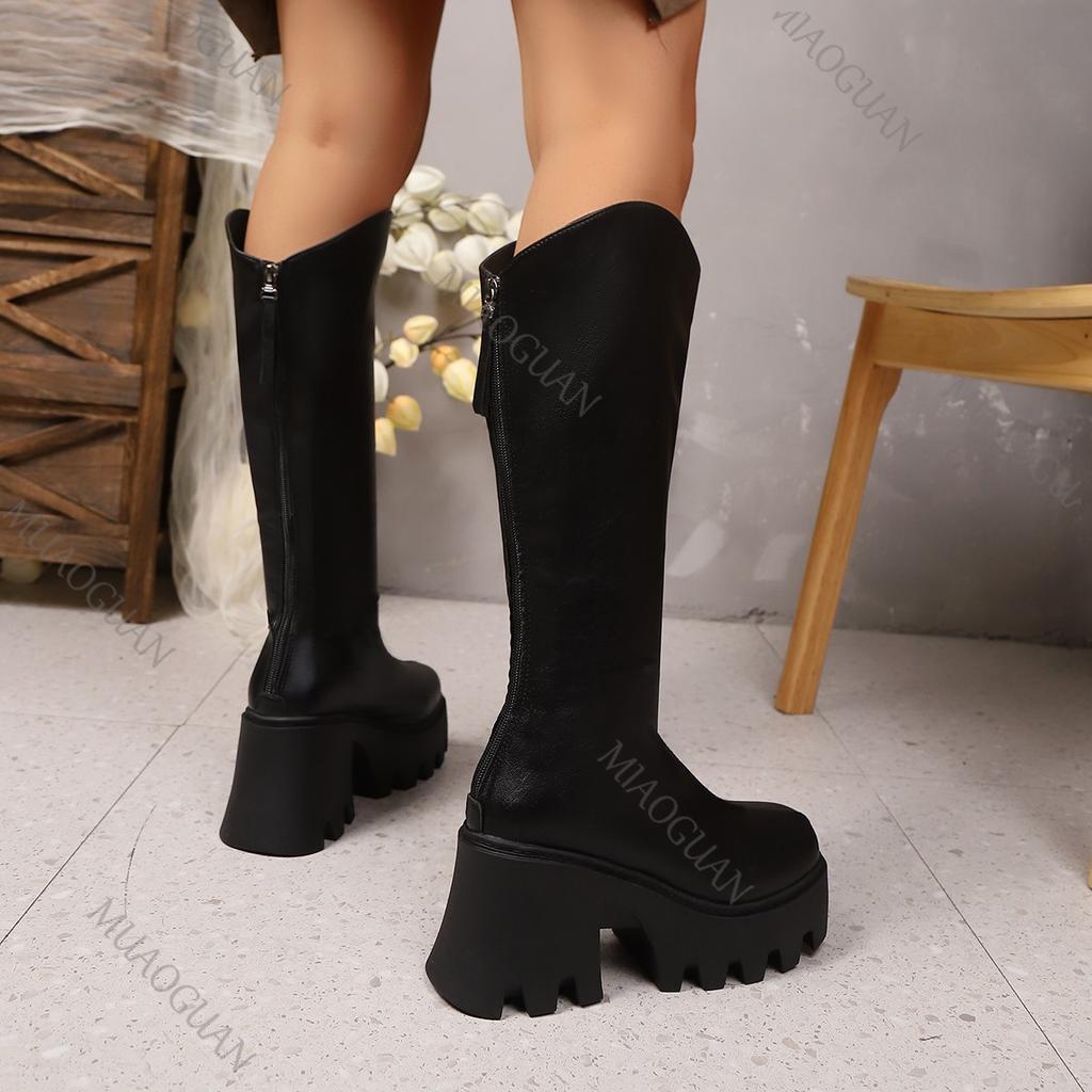 Black Round Head Chunky High Heel Women Knee High Boots Fashion Platform Back Zipper Leather Female Shoes Long Botas Feminina
