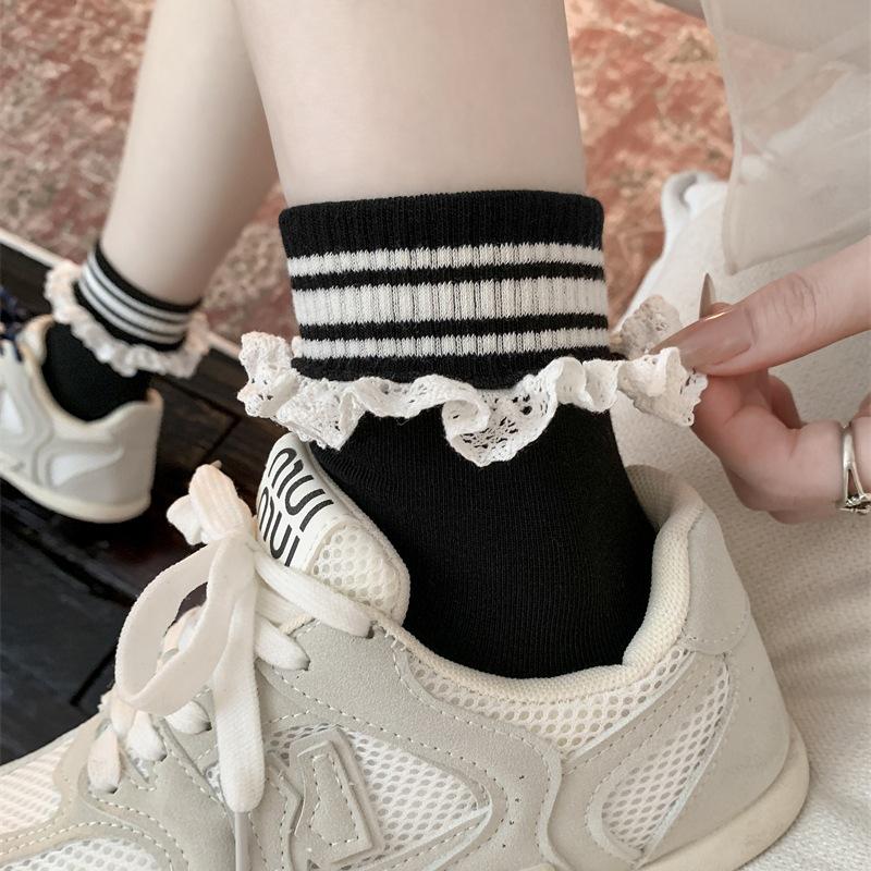 American European Style Lace Cuffed Striped Socks Women'S Early Autumn Lace Sweet Internet Celebrity Middle Tube Pile Socks