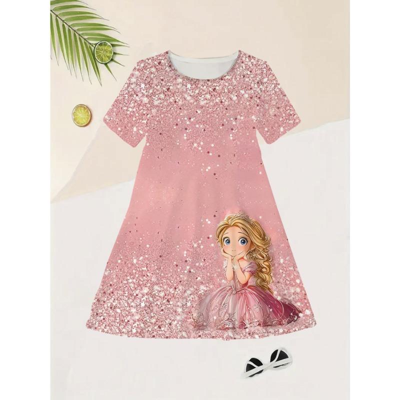 New Summer Girls' Short Sleeve Dress, Children's Cat Pattern Short Sleeve Clothing, Cartoon Flower Kitten Dress, Christmas Gift for Girls