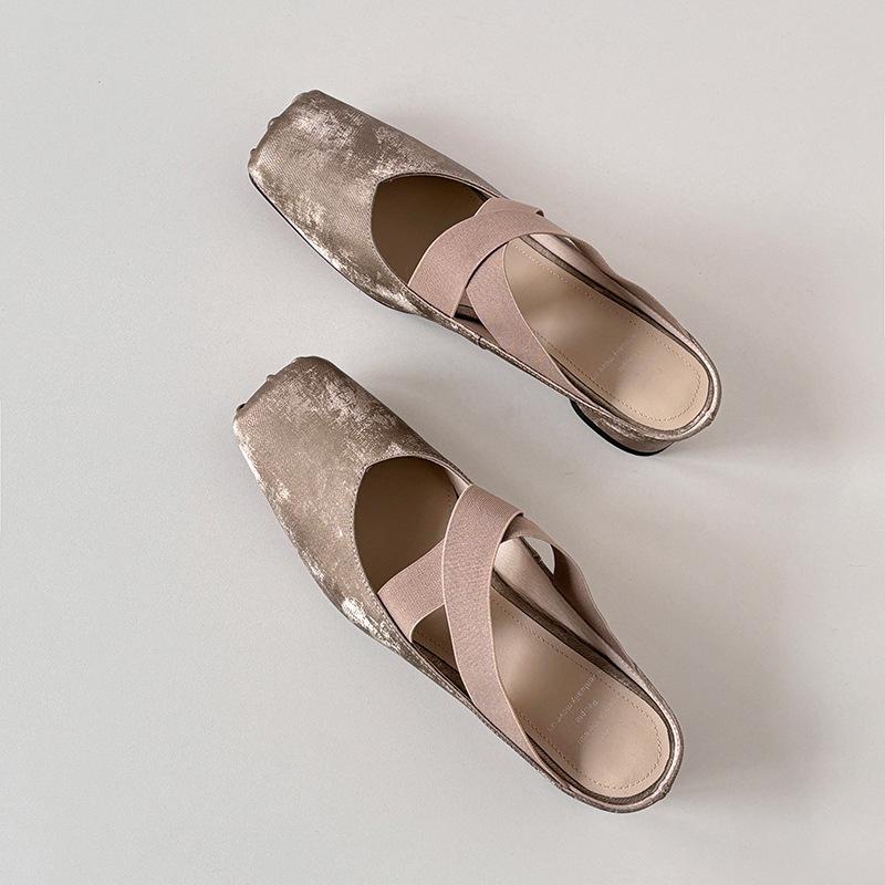 French bag head half slippers women's 2025 new summer square head ballet cross strap medium heel thick heel outer sandals