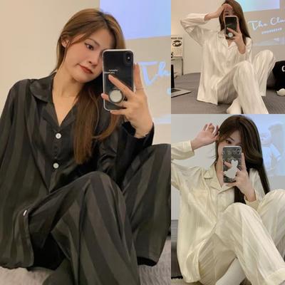 Women's Ice Silk 2 Piece Suit Pajamas Spring and Autumn Long-Sleeved Casual Striped Simple Loose Homewear Ladies Loungewear