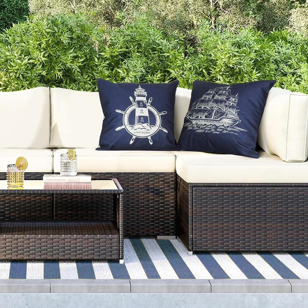 Bonhause Nautical Navy Blue Pillow Covers 18x18 Set of 4 Anchor Lighthouse Sailboat Compass Decorative Pillow Cases Linen Cushion Covers for Sofa