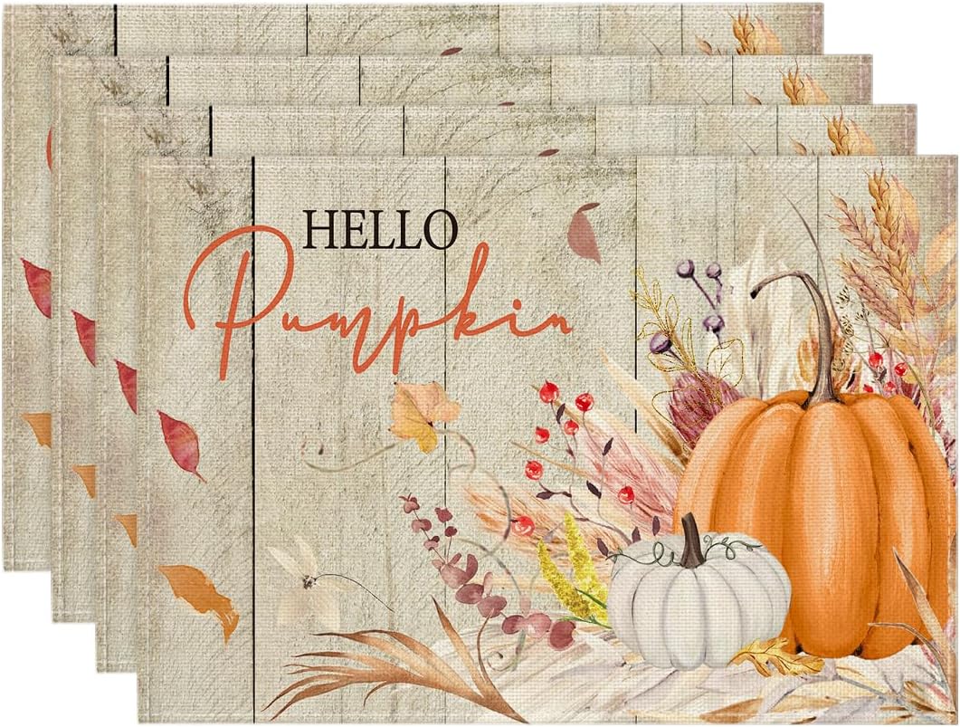 

6PC Artoid Mode Orange Hello Pumpkin Leaves Fall Placemats Autumn Thanksgiving Harvest Watercolor Table Mats for Dining Party 6PC 30x45CM