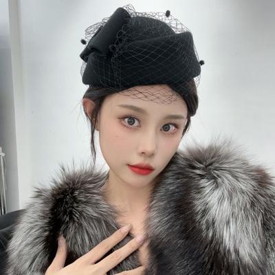 Elegant Wool Bow Hat with Veil British Style Stewardess Cap Vintage Fascinator Hat  Wedding