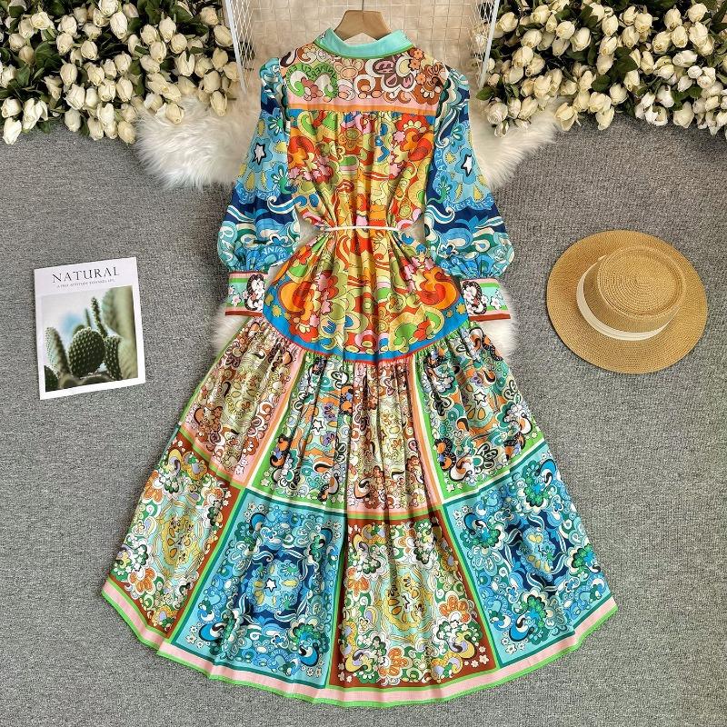 Women's Spring and Autumn French Style Elegant Lantern Long-sleeve Printed Dress Court Style Lace-up Slim-fit Long Dress