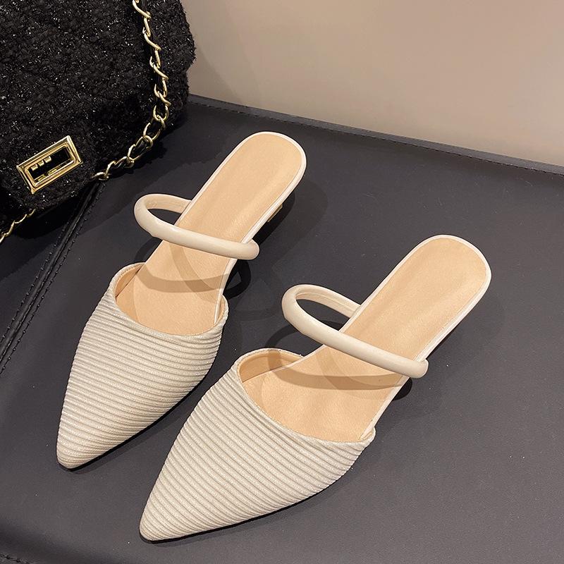 

Wear two sandals 2025 spring and summer Internet celebrities new heel fashion comfortable breathable high heels versatile bag head slippers 40 бежевый